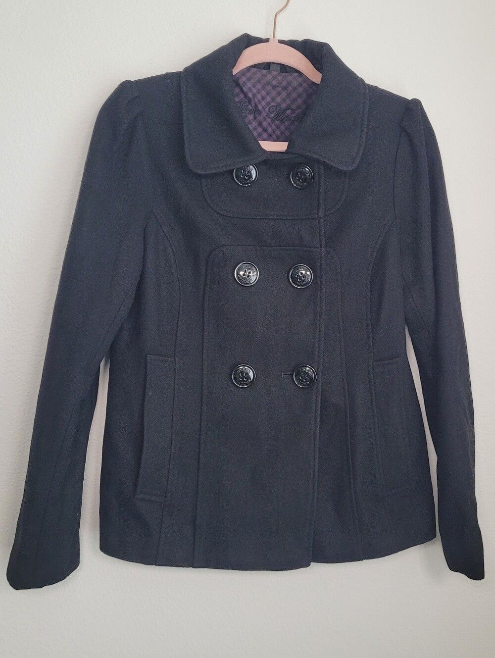 Steve Madden Black Wool Blend Double Breasted Pea Coat Purple Gingham Lining M